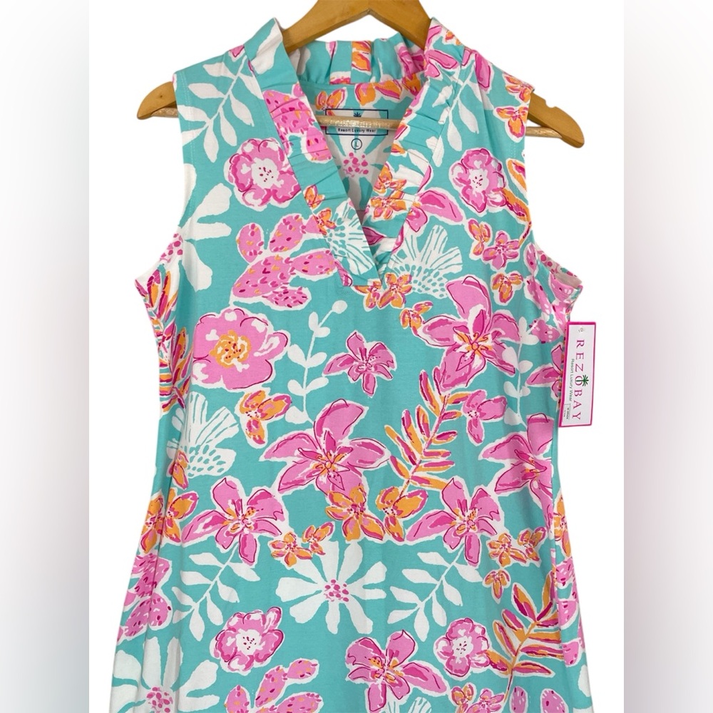 Rezobay Paradise Island Print Cotton Knit Sleeveless Ruffle Dress  NWT - Picture 4 of 9